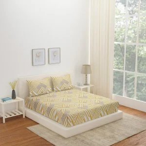 Arias by Lara Dutta Geometric Cotton King Bedsheet With 2 Pillow Covers (Yellow)